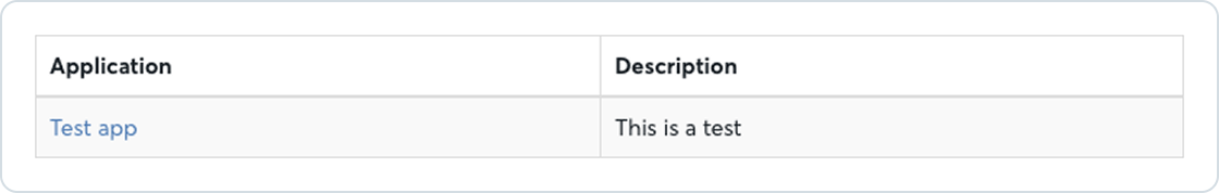 Applications list with one row named Test app